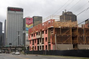 Construction continued on the Elan City Lights apartments on Live Oak Street near downtown Dallas last month.